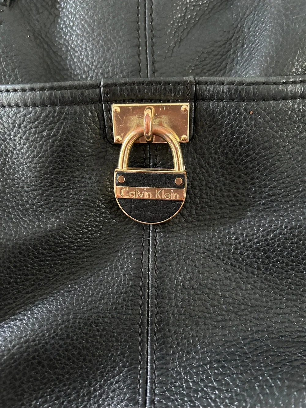 Calvin Klein Black Pebbled Leather Satchel with Gold Hardware